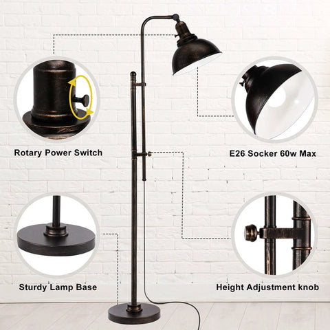 Industrial Floor Lamp Adjustable Rustic Farmhouse Reading Light In Aged Black Finish With Metal Shade Dope Modern Standing Lamp With Remote Control For Living Room Bedroom Study Office Or Hotel Decor