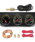 Front view: MH 2-inch 52mm triple gauge set with oil pressure, water temp, voltmeter; includes copper tubing and wires.