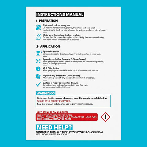 Instructions manual for Hella Tough Water Based Concrete Sealer Spray For Patios And Masonry Quick Dry Stain Resistant Outdoor Coating.