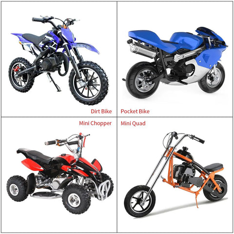 Collage of a dirt bike, pocket bike, mini chopper, and mini quad against a white background.