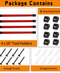 Package contents of 18-Inch Magnetic Tool Holder Strip Set, 4-Piece Red Metal Tool Organizer Rack with brackets, screws, and anchors