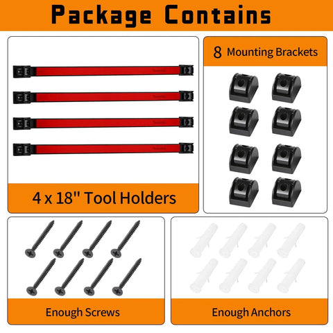 Package contents of 18-Inch Magnetic Tool Holder Strip Set, 4-Piece Red Metal Tool Organizer Rack with brackets, screws, and anchors