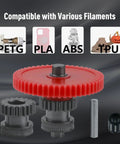 All Metal Dual Gear Upgrade Kit For Direct Drive 3D Printer Extruders display with filament compatibility