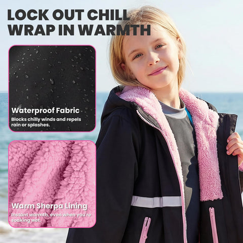 Child wearing Mens Waterproof Swim Parka With Hooded Poncho For Beach Or Pool, showcasing plush lining and waterproof fabric.