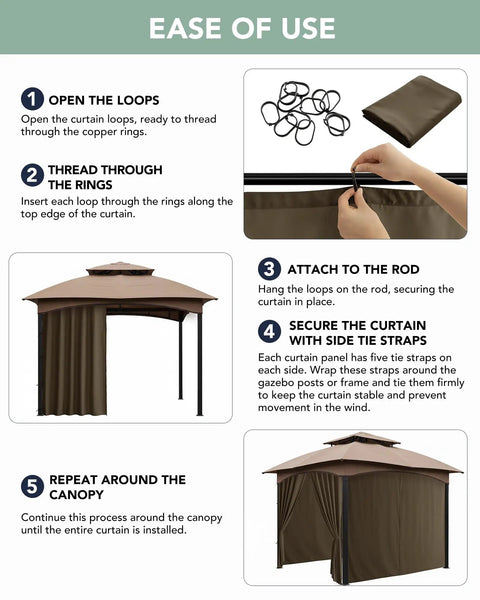 Outdoor Waterproof Gazebo Curtains 4 Panel Privacy Sidewalls With Zipper Universal Replacement For 10x10 to 12x14 Gazebos installation guide