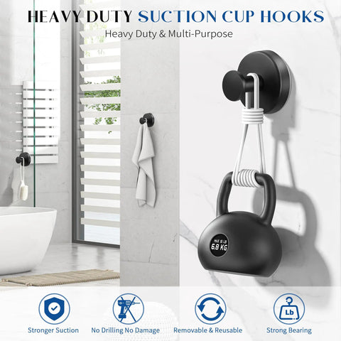 Total Game Changer For Your Washroom Matte Black 6 Pack Suction Hooks With Heavy Duty Grip To Hang Tough Towels And Gear No Drilling Mess Free Setup On Glass Smooth Tile Surfaces in bathroom with towel and weight.