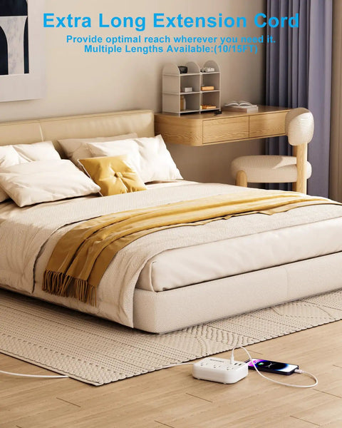 Ultra Thin Flat Extension Cord Five Feet For Behind Furniture And Under Rugs Low Profile Power Strip shown under a bed