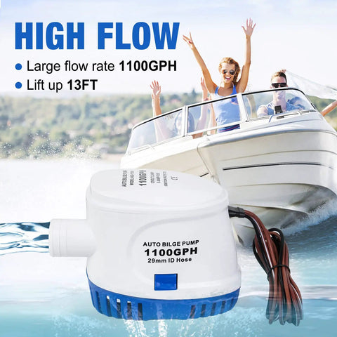 Automatic Submersible Bilge Water Pump 12V 1100GPH With Built In Float Switch shown near a boat on water with specs