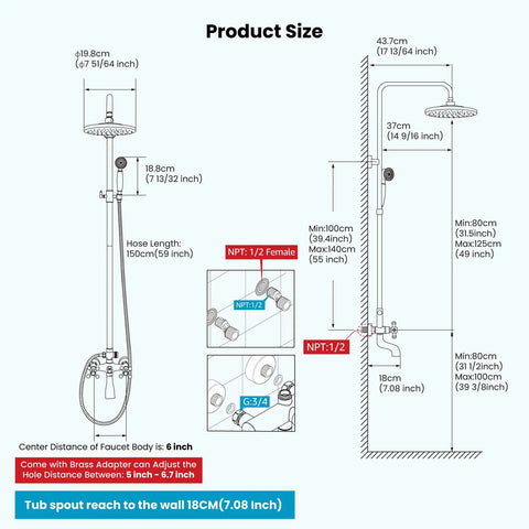 Diagram of Oil Rubbed Bronze Wall Mounted Shower System With 8 Inch Rain Shower Head Tub Spout And Handheld Sprayer Three Function Diverter Double Cross Handles Solid Brass Construction dimensions