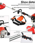 Beast Mode Gas Powered 6 In 1 Weed Eater Yard Tool With 52cc 2 Stroke Engine Includes String Trimmer Brush Cutter Pole Saw Hedge Trimmer And More 9500 RPM 120cc Oil Tank Bright Orange shown with detailed components including handle and tube adjustments.