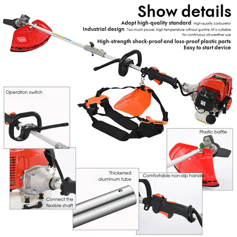 Beast Mode Gas Powered 6 In 1 Weed Eater Yard Tool With 52cc 2 Stroke Engine Includes String Trimmer Brush Cutter Pole Saw Hedge Trimmer And More 9500 RPM 120cc Oil Tank Bright Orange shown with detailed components including handle and tube adjustments.