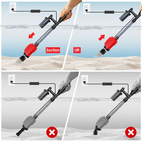 36W Electric Gravel Cleaner for Aquariums demonstrating suction and lift functions with telescopic pole in sand.