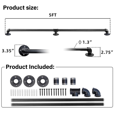 Solid As A Rock 5Ft Galvanized Steel Handrail For Indoor Outdoor Steps Built Tough With Rust Resistant Coating detailed dimensions and included parts.