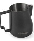 12 Oz Stainless Steel Milk Frothing Pitcher For Espresso And Latte Art Black Round Spout Milk Jug Durable Barista Grade Foam Maker Turbo Design For Rich Microfoam And Silky Smooth Latte shown in sleek black exterior view.