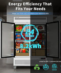 Straight Up Heavy Duty Kitchen Workhorse 54 Inch Commercial Upright Freezer Boasting 49 Cubic Feet Of Reliable Frost Free Storage With Eight Adjustable Shelves showing energy efficiency details and interior storage.