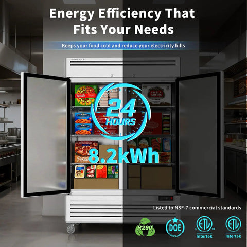 Straight Up Heavy Duty Kitchen Workhorse 54 Inch Commercial Upright Freezer Boasting 49 Cubic Feet Of Reliable Frost Free Storage With Eight Adjustable Shelves showing energy efficiency details and interior storage.