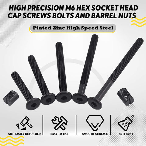 M6 Hex Socket Head Screws Bolts And Black Barrel Nuts Hardware Set 120 Pieces Assortment For Cribs Baby Beds Cots And Chairs 40mm 50mm 60mm 70mm 80mm Lengths Rust Resistant with plated zinc high speed steel focus