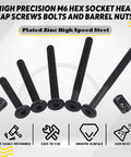 No Sweat Setup M6 Hex Socket Barrel Nuts 120 Piece Black Zinc Hardware Assortment Kit showing various screw sizes in plated zinc.
