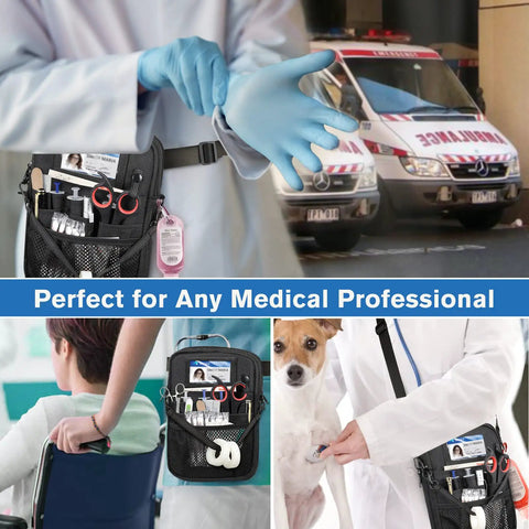 All-In-One Must-Have Nursing Utility Fanny Pack With Tape Holder And Stethoscope Pocket in use by medical professionals.