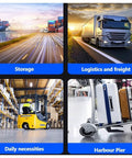 Storage logistics, freight truck on road, forklift in warehouse, luggage cart at harbour pier.