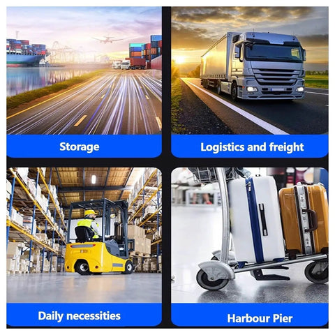 Storage logistics, freight truck on road, forklift in warehouse, luggage cart at harbour pier.