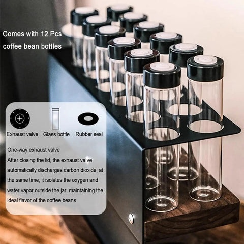 Two Tier Coffee Tool Storage Stand With Twelve Single Dose Bean Vials And One Way Exhaust Valve showcasing clear glass bean bottles.