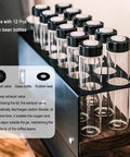 Keep Your Daily Grind Fresh And Ready To Roll With This Dope Two Tier Coffee Bean Jar Featuring Twelve Single Dose Tubes And Built In Tamper Holder For Smooth Home Espresso Brewing, showcasing transparent glass tubes and black caps.