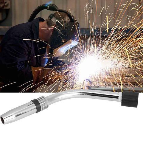 Go To MIG Welding Torch Neck Swan Goose Neck Connector Tube 9mm Stainless Brass Nozzle with welding sparks in background
