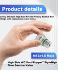Hand holding air conditioning valve core kit for R12 and R134a with Teflon seal, M12x1.5 male port fitting