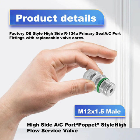 Hand holding air conditioning valve core kit for R12 and R134a with Teflon seal, M12x1.5 male port fitting
