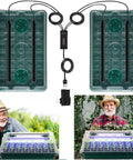 Two Pack Seed Starter Tray With Grow Light, 80 Cell Seed Starting Kit showing trays, grow lights, timer, and people gardening indoors.