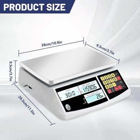 Coin And Parts Counting Scale With Alarm For Coins And Small Parts, Heavy Duty Pro Grade Electronic Gram Scale With Tare and Sample Count, 30kg/66lb Capacity, 0.1g Precision, g/kg/lb Display, showing dimensions.