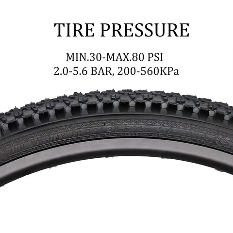 Close-up of Beefy 26 Inch Mountain Bike Tire Kit Two Pack 26X1.95 Folding Puncture Resistant Tires showing tire pressure range