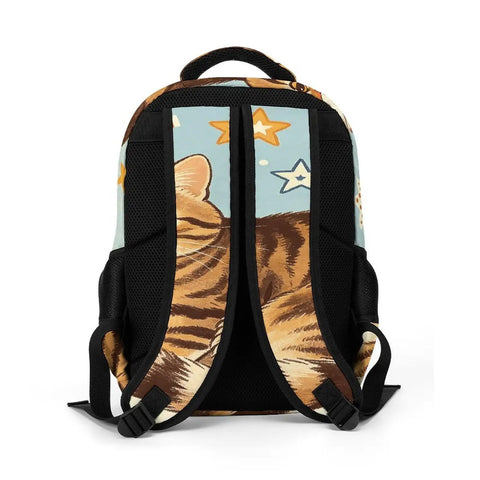 Vintage Star Tabby Kitty Print Unisex Backpack rear view with breathable mesh and star design for school and travel use