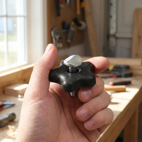 Upgrade Your Yard Work With This Easy Install Handle Knob And Screw Bolt Kit For Lawn Mowers And Snow Blowers Featuring Durable Plastic And Metal Hardware With Wide Compatibility Plus Smooth Ergonomic Grip For Super Fast Repairs black plastic knob with metal bolt in hand