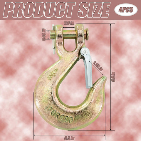 Two-pack forged 3/8 in clevis hooks with safety latch, front view, 18000 lb capacity.
