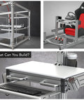 Modular structures built with 1-inch extruded aluminum 80/20 t-slot profiles for versatile mounting, featuring slide-in 1/4-20 T-nuts.