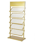 Five Tier Swatch Sample Storage Rack In Gold, Heavy Duty Metal Frame With Dense Wire Mesh, Stable Build For Ceramics, Glass, Building Materials, Space Saving Display Stand For Pro Grade Showcases. 67x35x150 cm gold metal rack