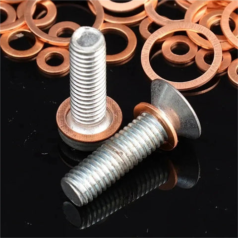 Badass Flat Copper Washers 100 PCS M4 To M14 Oil Drain Sump Plug Seal Kit For Cars Boats Trucks Engine Repair Universal Fit Saves Money DIY Fixes Keeping Things Leak Free Smooth Operation And No Worries In Your Ride Now Today, copper washers on bolts
