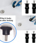 Universal 2 Piece Toilet Seat Hinges Screws Replacement Kit With Metal Hinges and Bolts, showing installation and locked position.