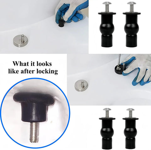 Universal 2 Piece Toilet Seat Hinges Screws Replacement Kit With Metal Hinges and Bolts, showing installation and locked position.
