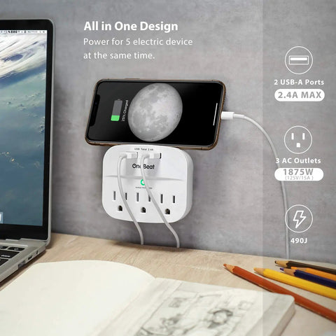 3 Outlet Surge Protector Power Strip With Dual USB Chargers 2.4A Fast Charge 490 Joule Protection ETL Listed Wall Adapter in use on a desk