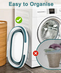 Collapsible 4.2 Gallon Mop Bucket with Handle next to washing machine, folded for easy storage