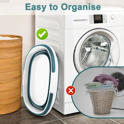 Collapsible 4.2 Gallon Mop Bucket with Handle next to washing machine, folded for easy storage