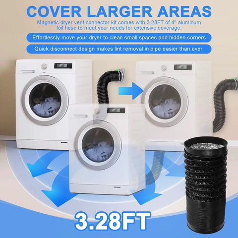 Heavy Duty Magnetic Dryer Vent Connector Kit With Airtight Seal And Quick Connect Hose Ready To Use And Easy To Clean Includes 3.28 Ft 4 Inch Duct And 2 Clamps Durable Aluminum Foil Hose With Scuff Resistant Matte Exterior And Fireproof Barrier image showing dryer vent connection.