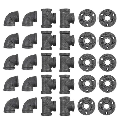 30 Pack Half Inch Cast Iron Pipe Fittings Set Includes 10 Elbows 10 Tees And 10 Flanges for DIY projects with black finish