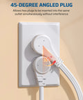 Six Foot Flat Plug Extension Cord With Three Outlets 16 Gauge Copper Wire 125 Volt 13 Amp 1625 Watt Fits Tight Spots Behind TV Desk Or Couch Space Saving Angled Plug ETL Listed White in use, showing 45-degree angled plug in wall outlet.