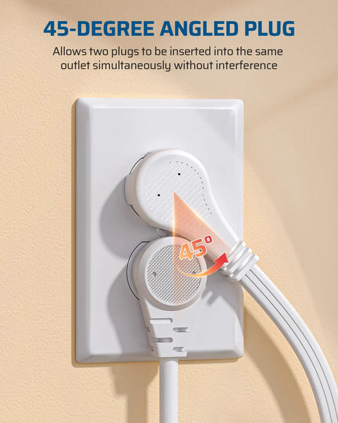 Six Foot Flat Plug Extension Cord With Three Outlets 16 Gauge Copper Wire 125 Volt 13 Amp 1625 Watt Fits Tight Spots Behind TV Desk Or Couch Space Saving Angled Plug ETL Listed White in use, showing 45-degree angled plug in wall outlet.