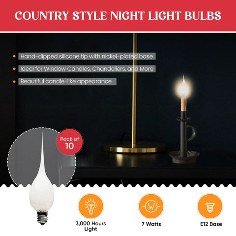 Silicone Dipped 7W Incandescent Candle Lamp Bulbs, Country Style Electric Chandelier Lights, Realistic Candle Look, Pack of 10