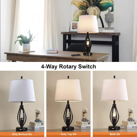 Set Of 2 Modern Farmhouse Table Lamps With USB Ports And Night Light Industrial Open Column Bedside Lamps For Bedroom And Living Room 22 Inch White Fabric Shade Plug In Edison LED Bulbs Included